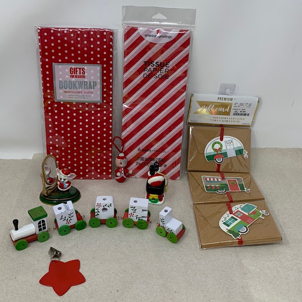 Christmas lot decorations, tissue paper, gift cards, ornaments